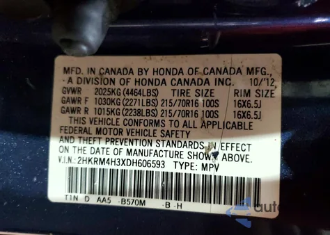 2013 Honda Cr-V Lx из США, поврежденный, VIN 2HKRM4H3XDH606593